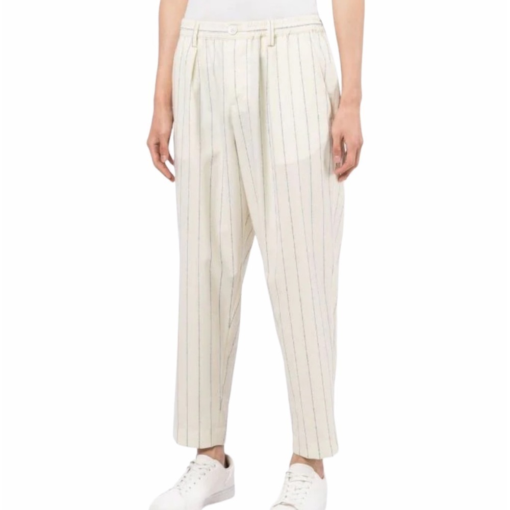 Creatures of Comfort- Highwaisted Ivory Trousers with pale Thin Blue Pinstripes - Picture 1 of 6